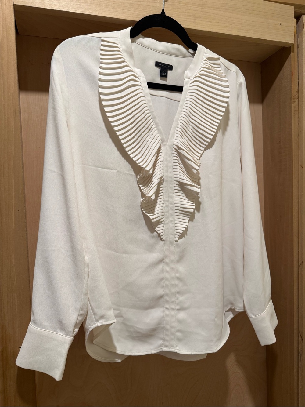 Ann Taylor Cream Pleated V-Neck Ruffle Blouse